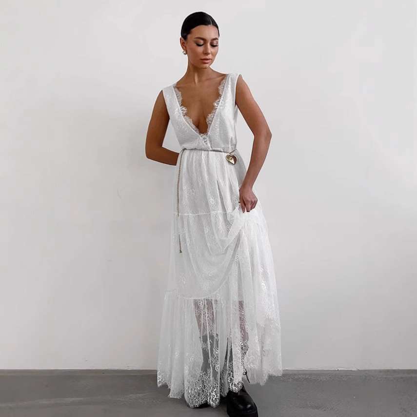 Lace Bohemian Maxi Dress - M, White image