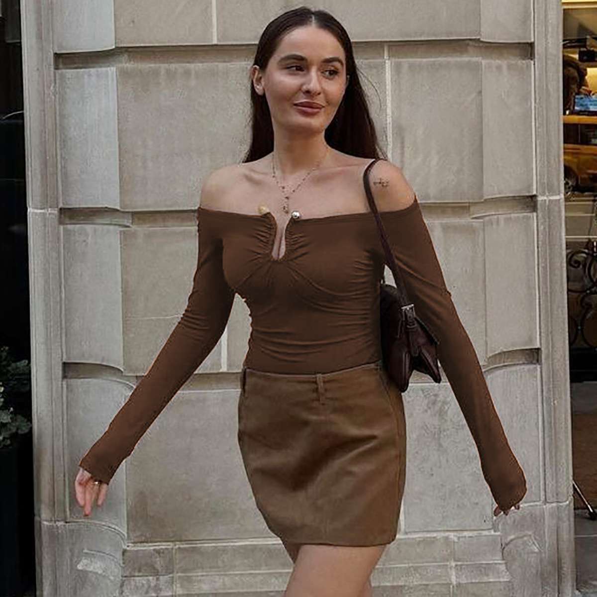 Off Shoulder Shirt with Buckle Decoration - M, Brown image