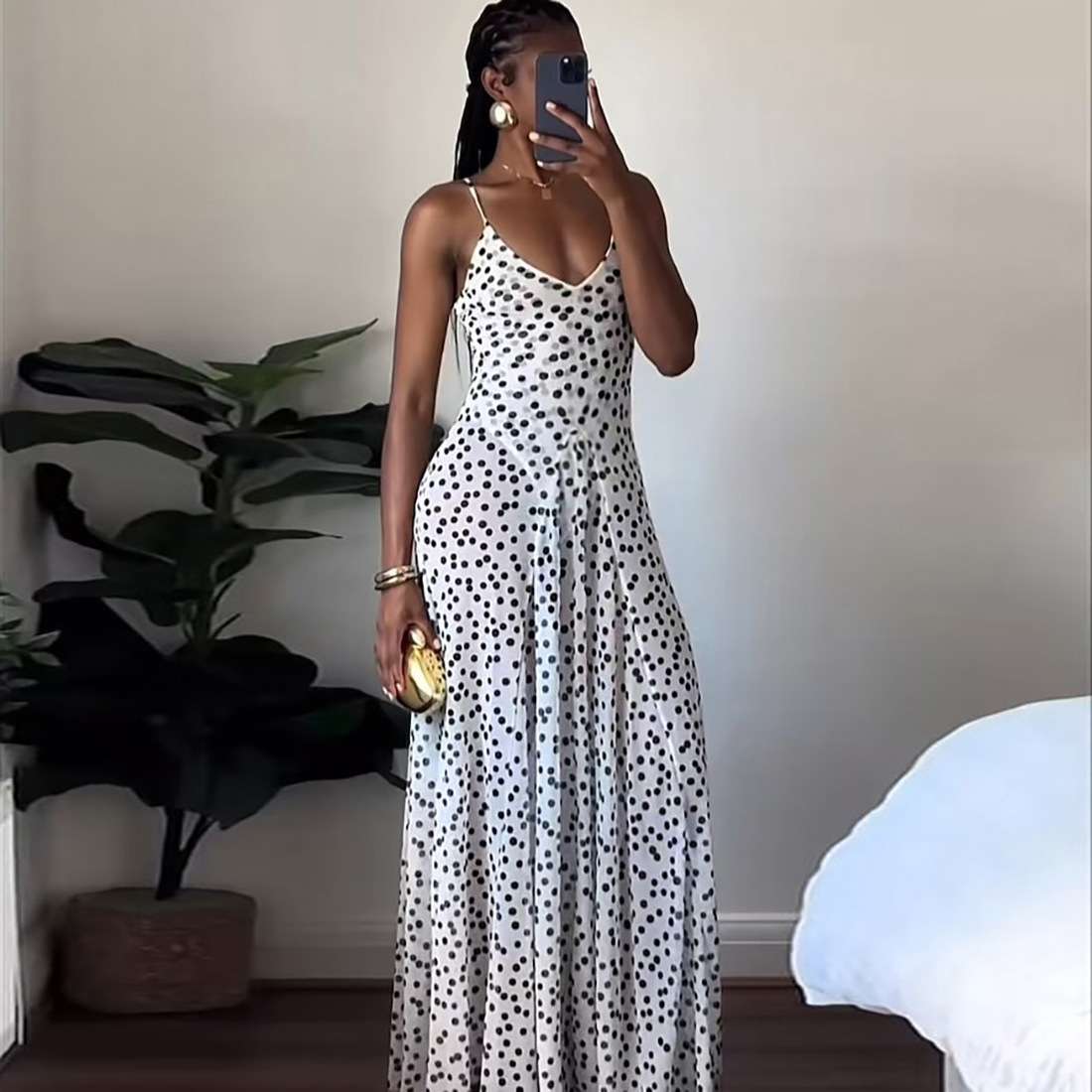 Polka Dot Spaghetti Strap Maxi Dress - L, White image