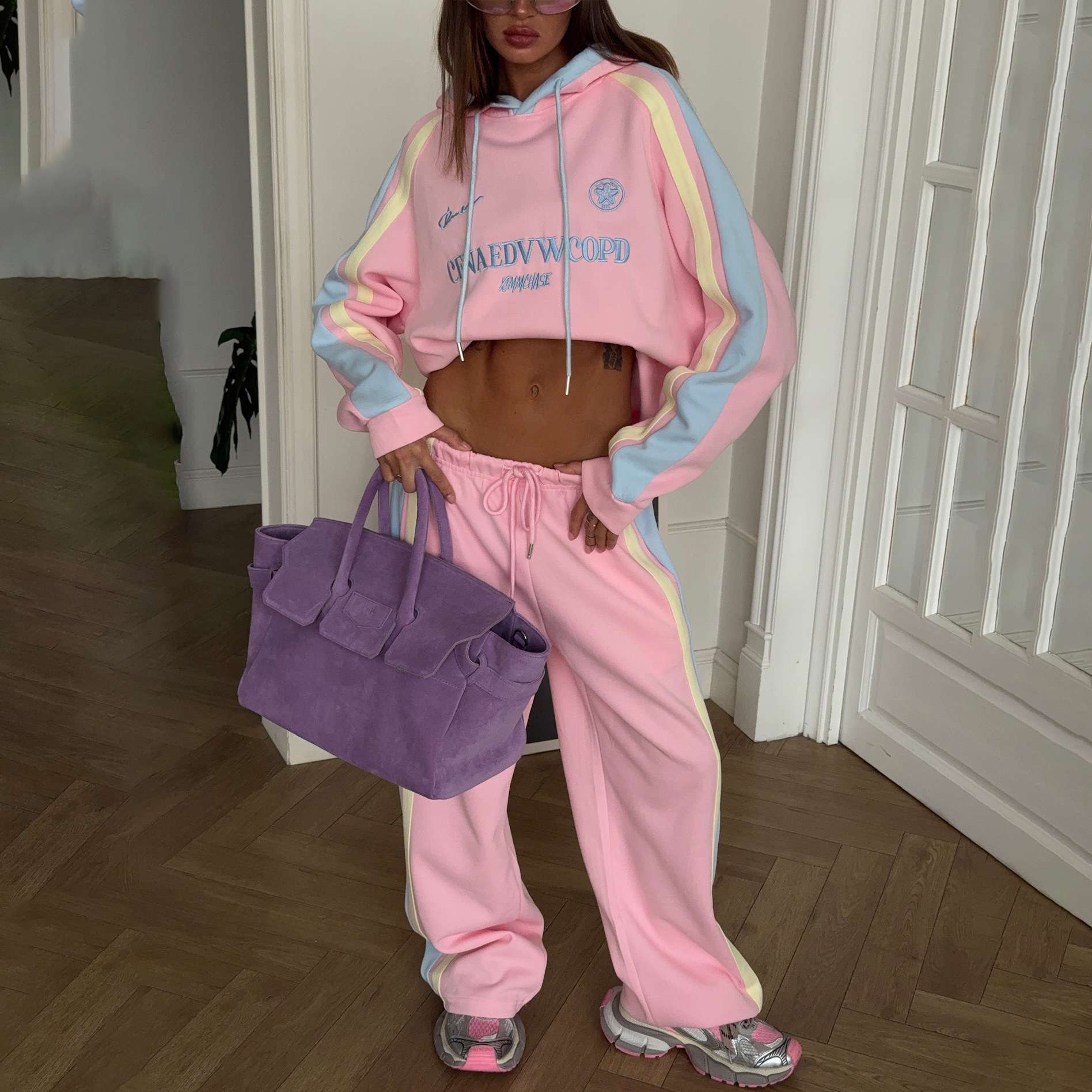 Colorblock Tracksuit with Cropped Hoodie - S, Pink image