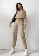 Polo Collar Loose Fit Sweatshirt & Joggers - L, Beige image
