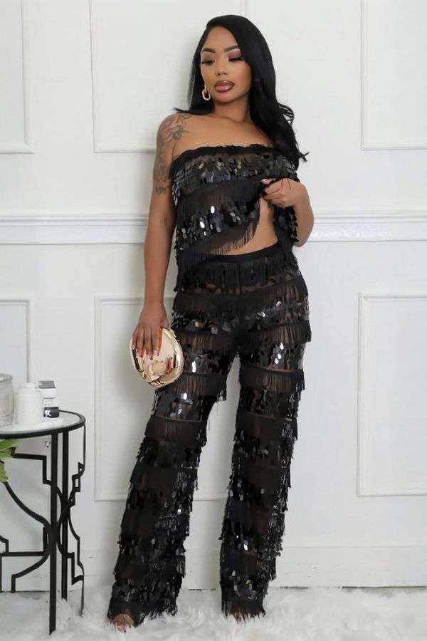 Sequin Fringe Top and Pants Set image 0