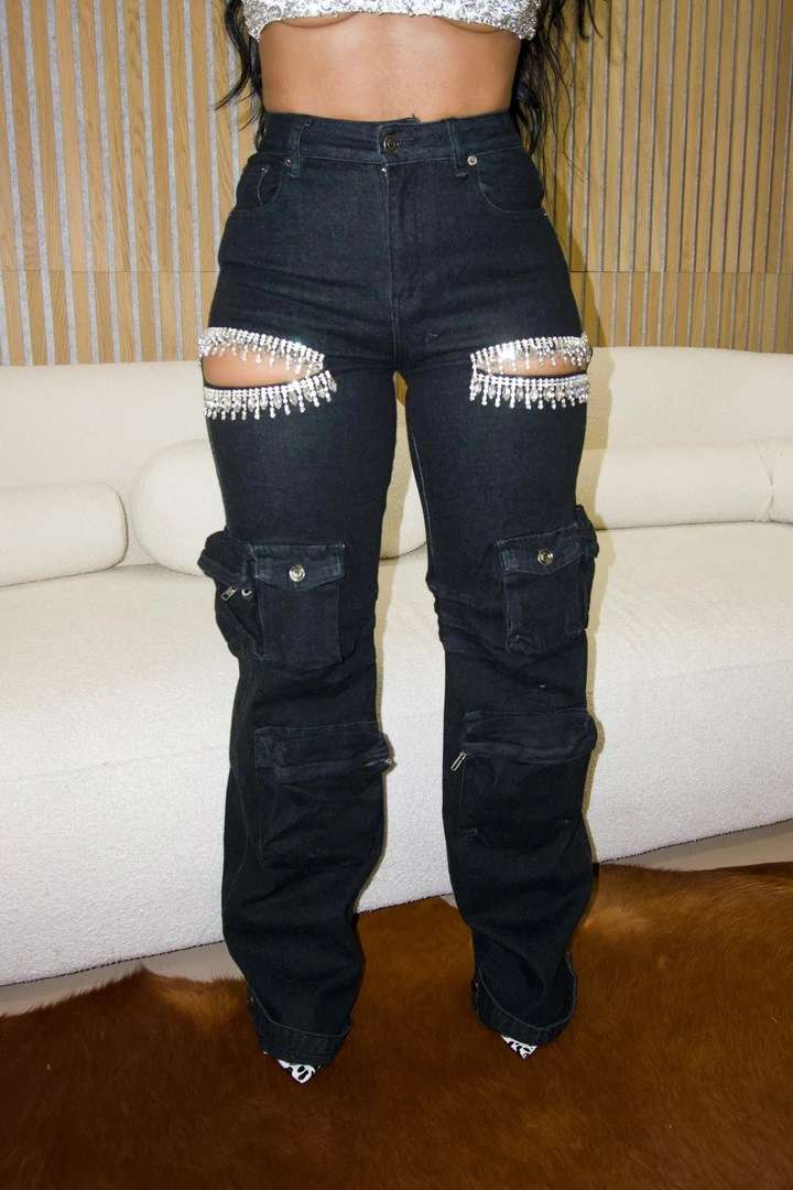 Rhinestone Cutout Cargo Jeans in Black image 3