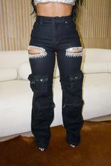 Rhinestone Cutout Cargo Jeans in Black image 3