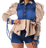 Button Down Patchwork Shirt  Jacket Crop Top - L, Multi Beige image