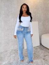 Fashion Side Fringe Denim Pants - XL, Blue image