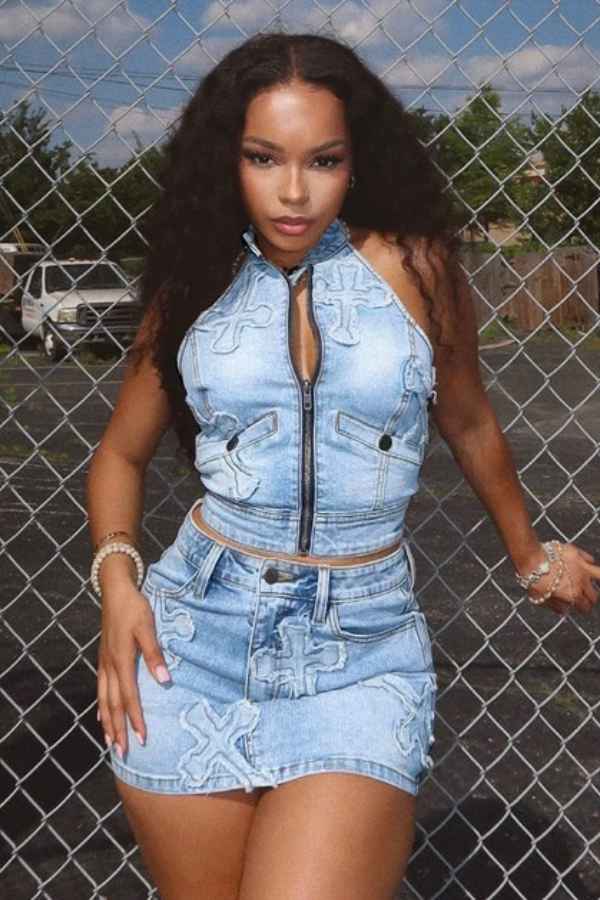 Cross Detail Zip Up Denim Top Two Piece Mini Skirt Set image 0