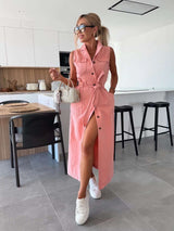 Midi Shirt Dress with Belt - S, Pink image