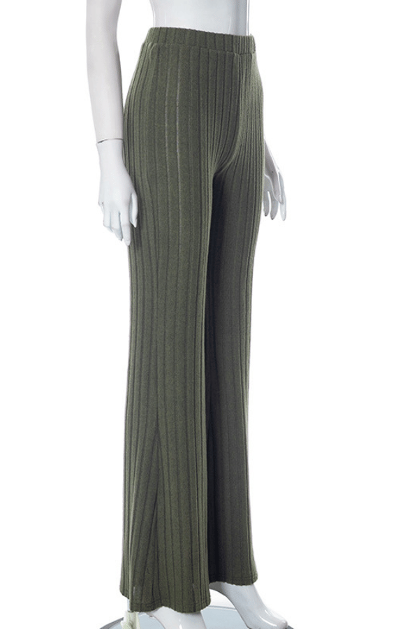 High Rise Plain Ribbed Knit Flared Pants image 6