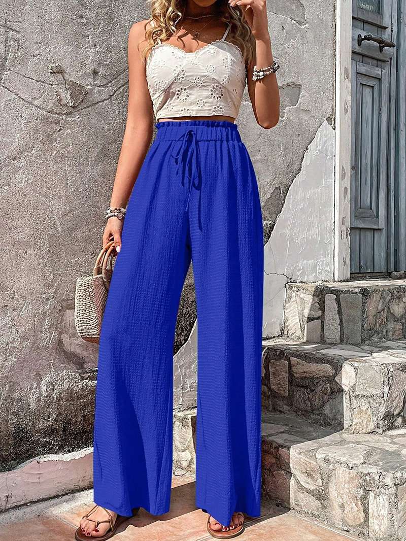 Wide Leg Flowy Pants Palazzo Trousers - XL, Blue image