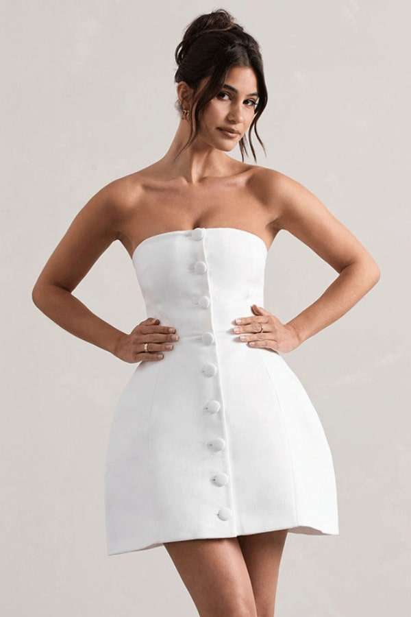 Elegant Buttoned Strapless Mini Dress - L, White image