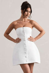Elegant Buttoned Strapless Mini Dress - L, White image