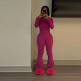 Solid Zipper Slim Two Piece Tracksuits Set - M, Merlot Red image