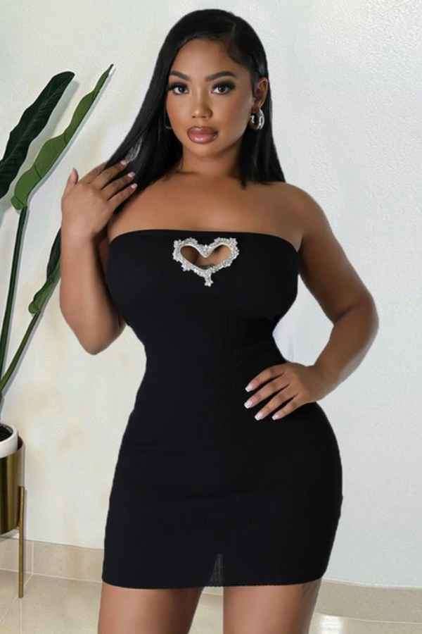 Sexy Off Shoulder Rhinestone Heart Front Mini Dress image 1