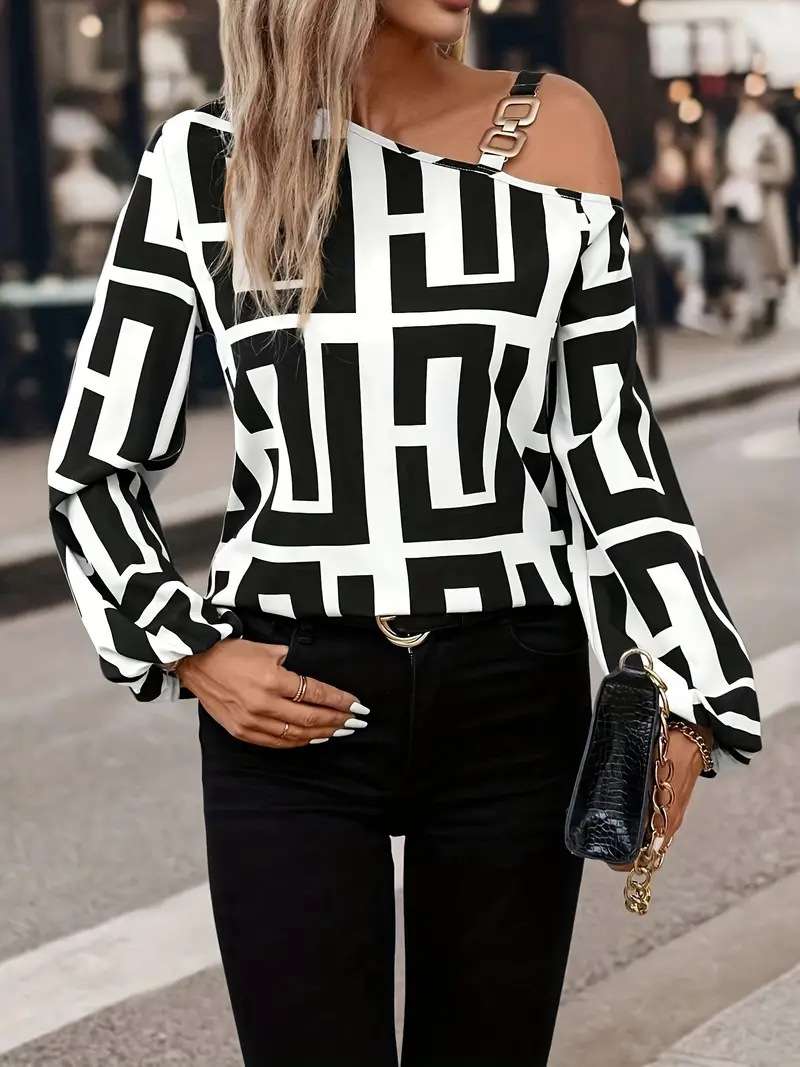 Off Shoulder Geometric Print Lon sleeve Top - Multi Black, M image