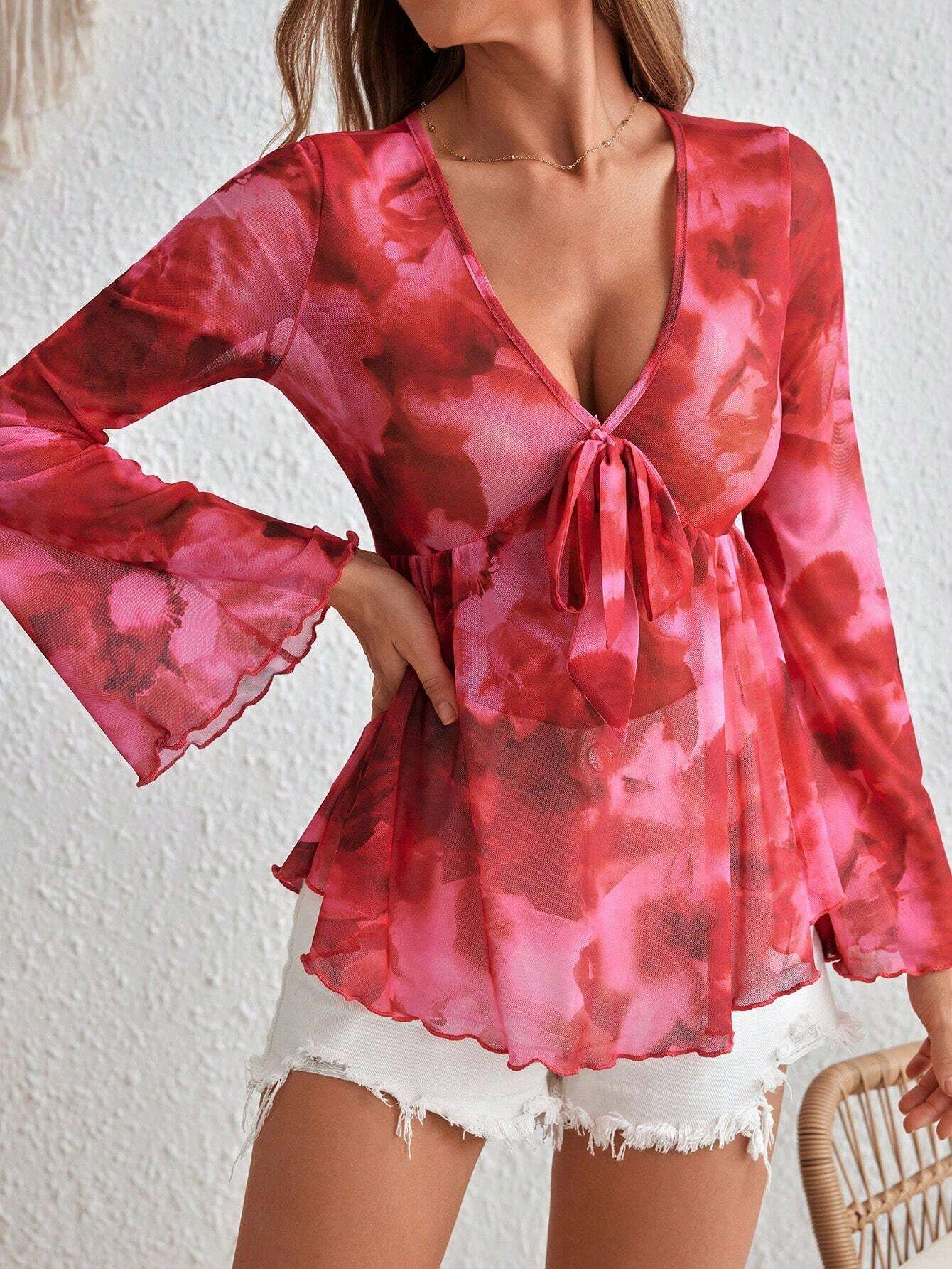 Butterfly Tie-Front Blouse - M, Red image