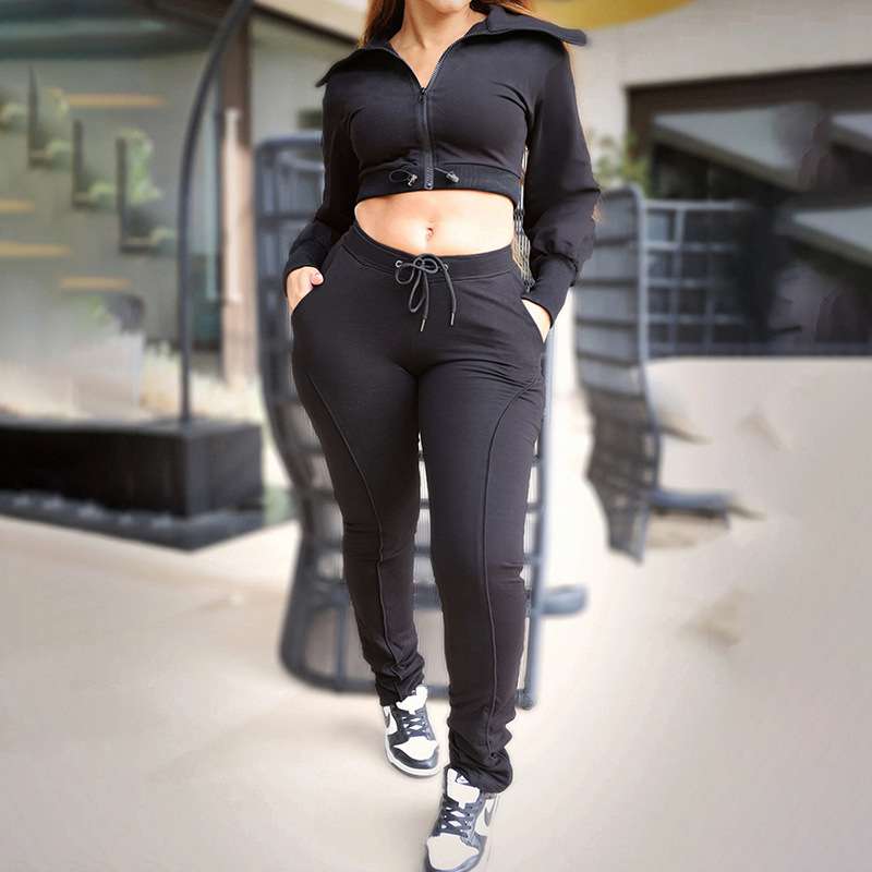 Turndown Collar Zipper Drawstring Crop Top and Pant set - M, Black image