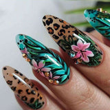 Vibrant Floral and Leopard Print Nail Art - Free Size, Brown image