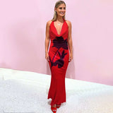 Elegant Red Floral Halter Maxi Dress - L, Red image