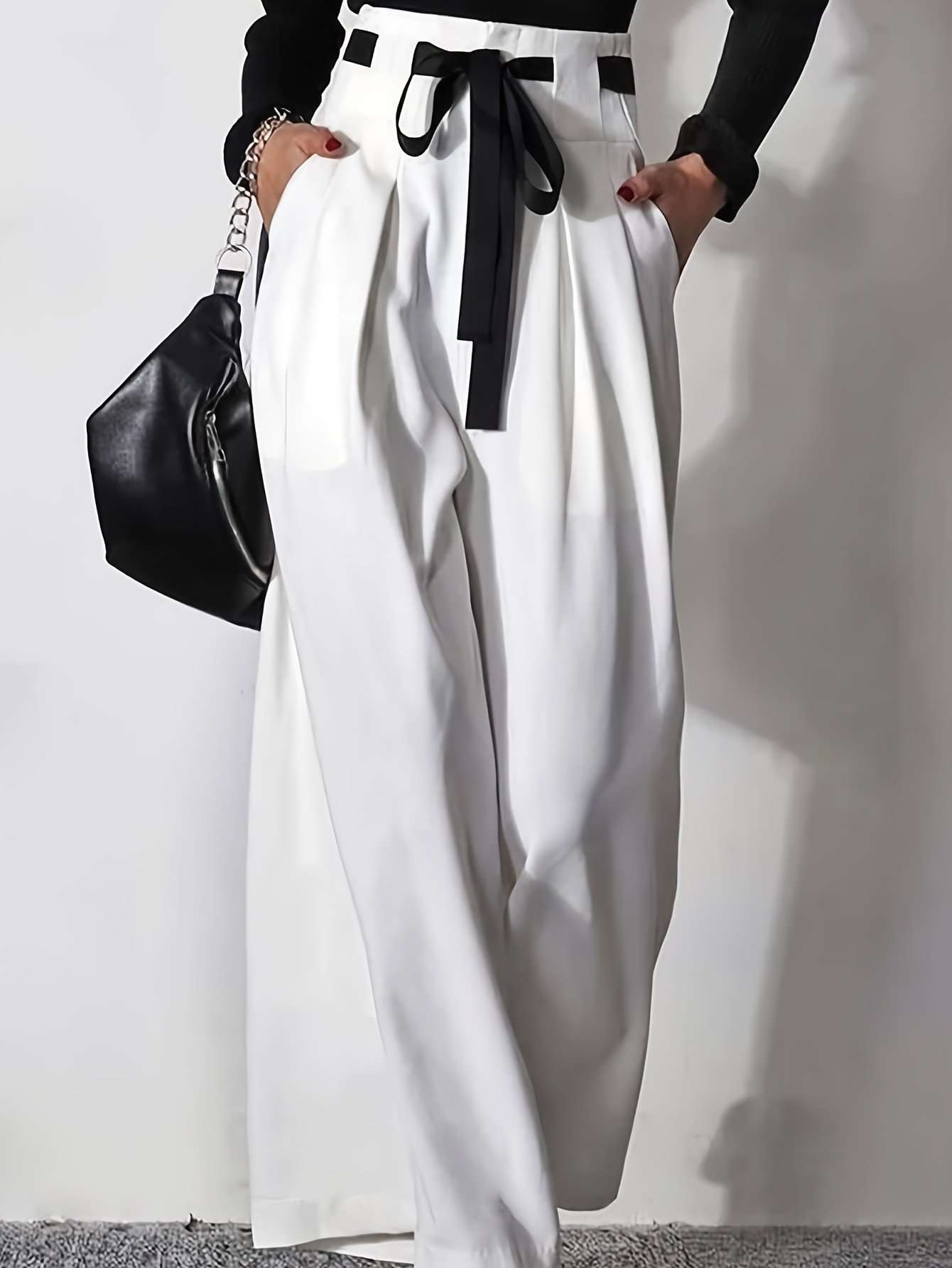 Wide-Leg Trousers with Belt - M, White image