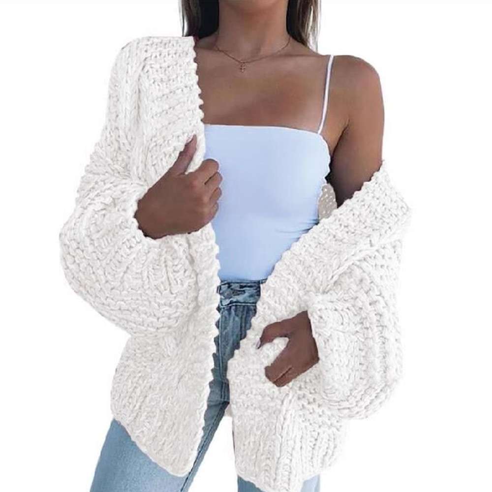 Knit Cardigan Cable Sweater Loose Front - L, White image