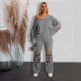 Front Ripped Cut Out Long Pants Top Sets Clubwear - XL, Grey image