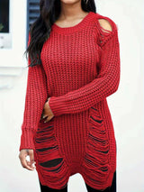 Long Sleeve Ripped Casual Loose Pullover Sweater - XL, Red image