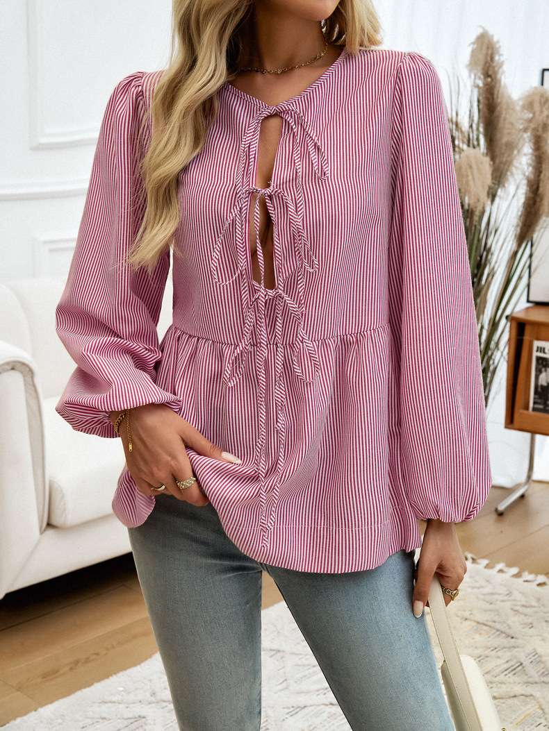 Women Striped Tie-Up Neck Top - XL, Ballerina Pink image