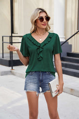 Ruffled V-Neck Short-Sleeve Top - L, Green image