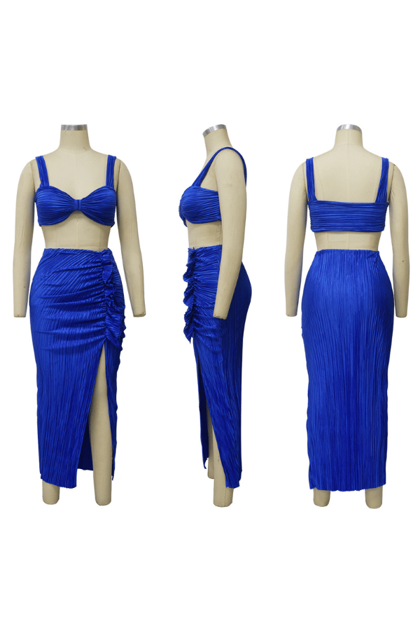 Women's Sexy 2 Piece Outfits Dress Sets Solid Color Camisole Bra Crop Top Pleated High Split Maxi Skirt image 3