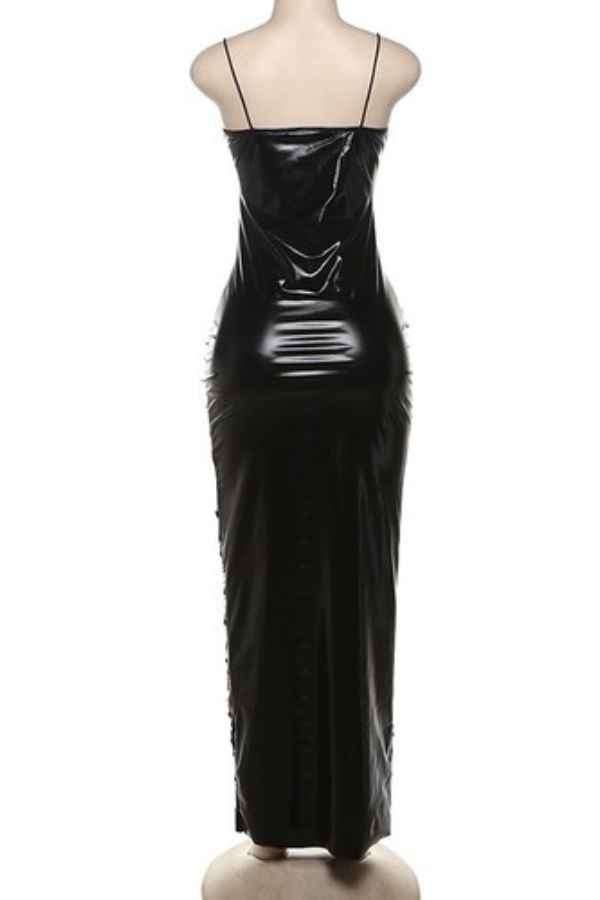Sexy Hollow Out Spaghetti Strap PU Leather Maxi Dress image 5