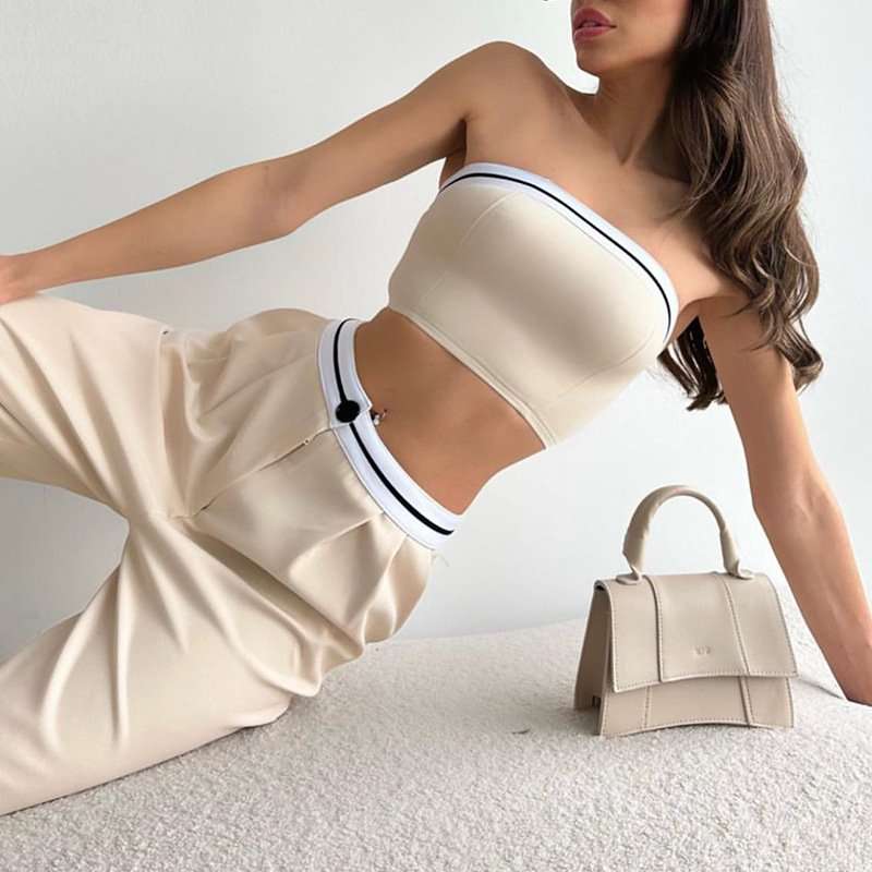 Sporty Two-Piece Tube Top & Pants Set - S, Beige image