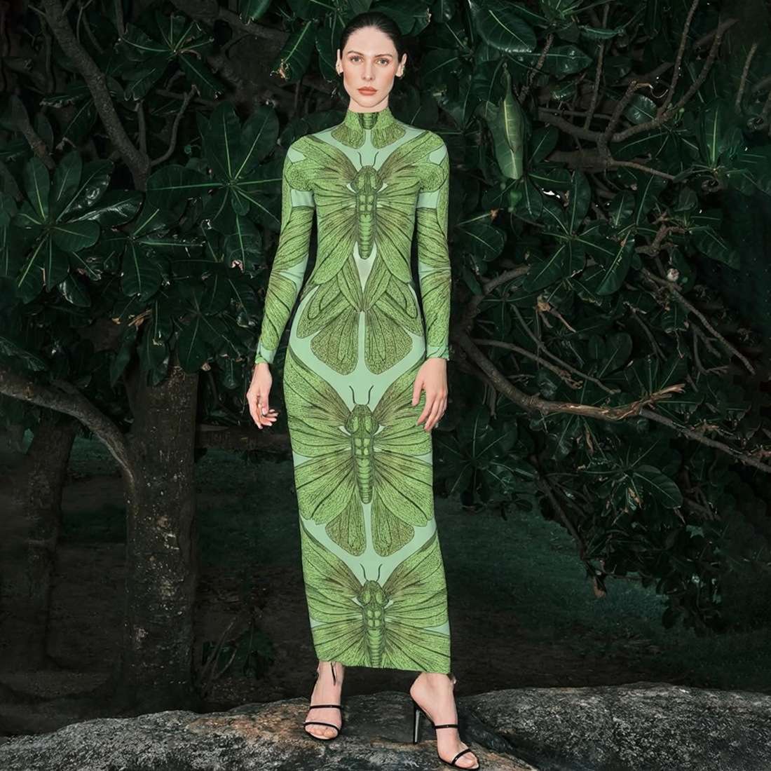 Graphic Maxi Dress with Insect Print - S, Green image