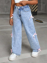 Bow Knot Zip Up Denim Pants Loose Fit - L, Blue image