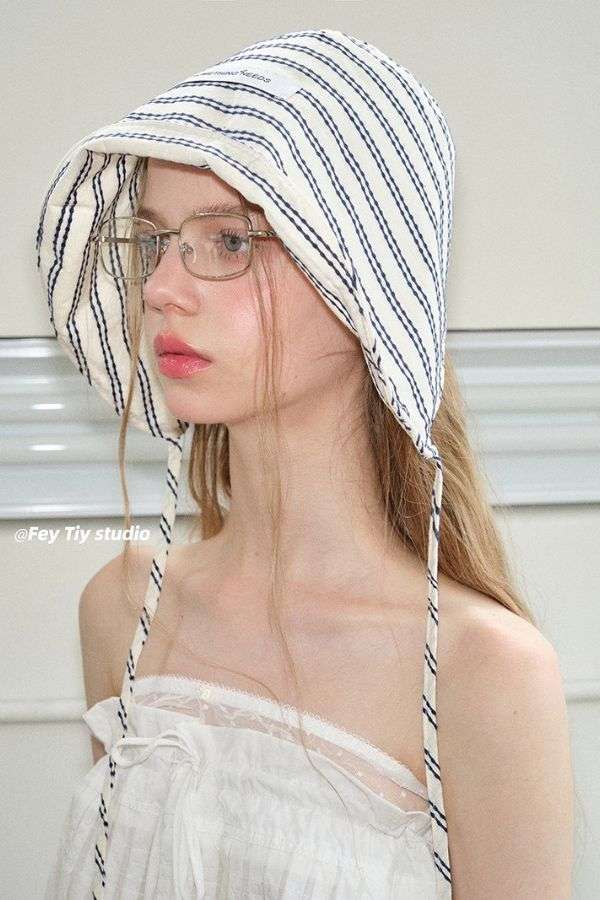 Striped Bonnet Hat with Tie Straps image 0