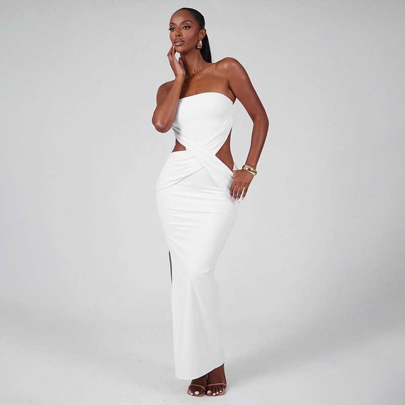 Elegant White Strapless Cutout Gown - L, White image