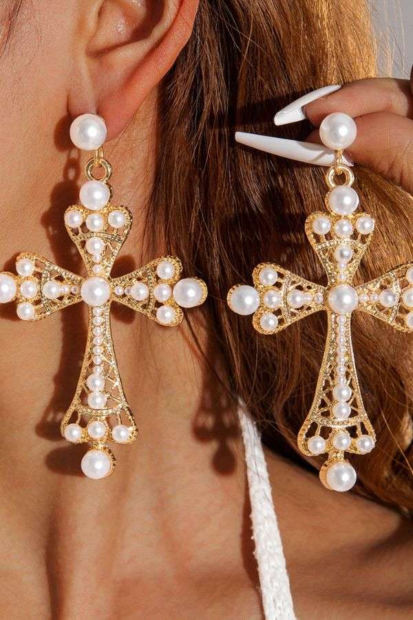 Pearl Cross Drop Earrings image 0
