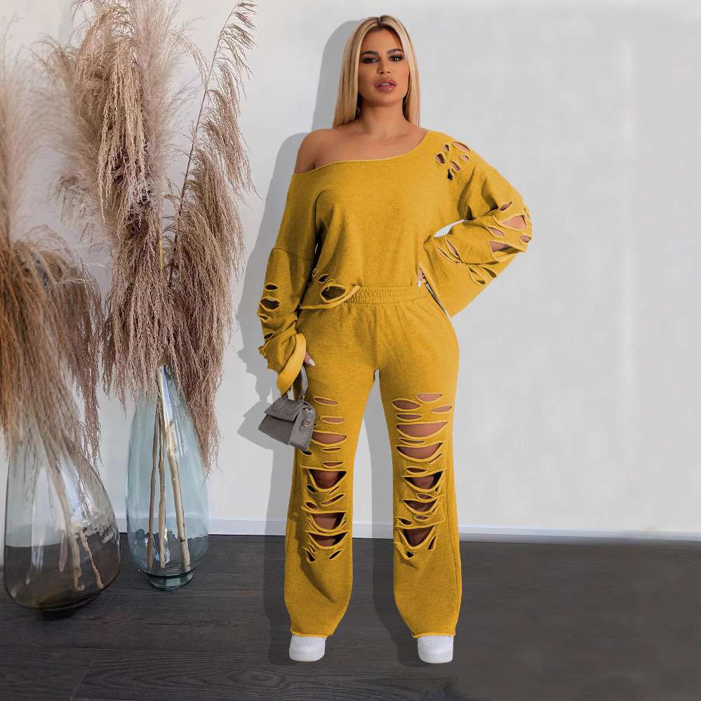 Front Ripped Cut Out Long Pants Top Sets Clubwear - S, Yellow image