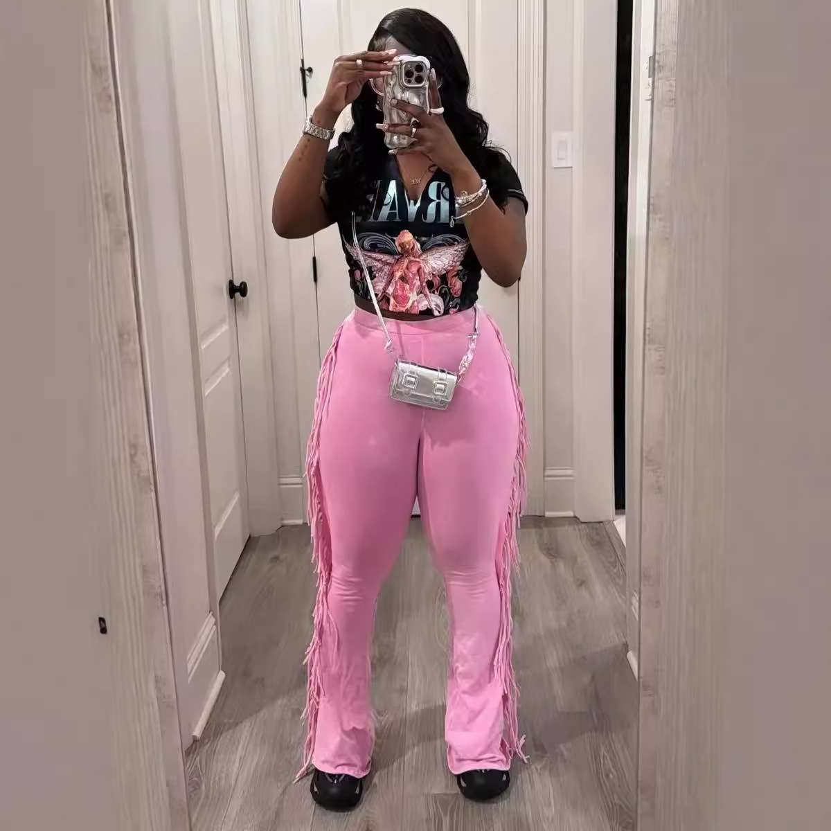 Fringe Elastic High Waisted Tassel Pants - XL, Pink image
