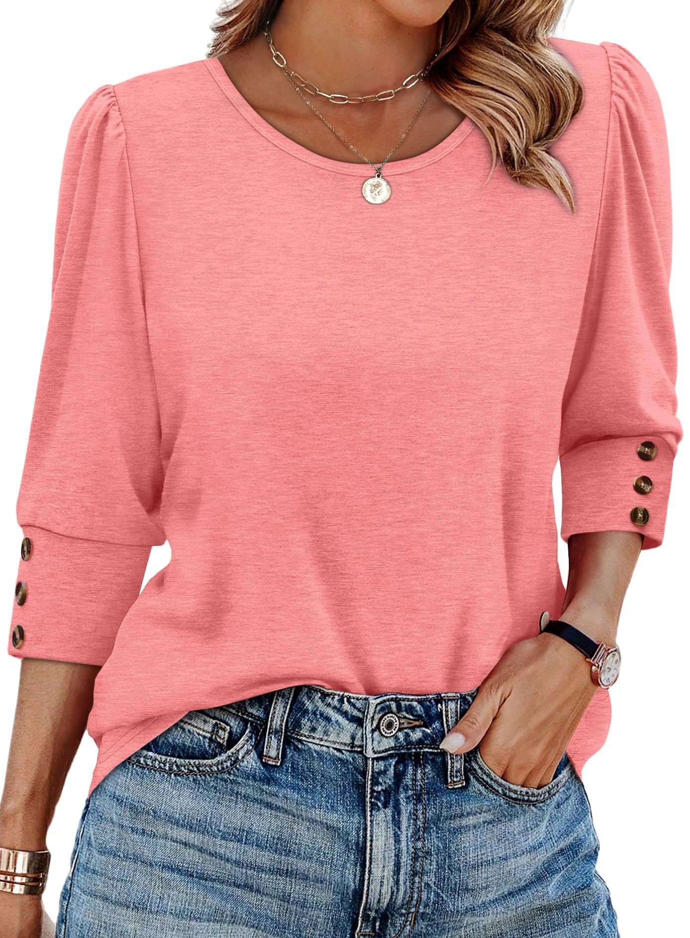 Stylish Button-Detail Sleeve Top - L, Pink image
