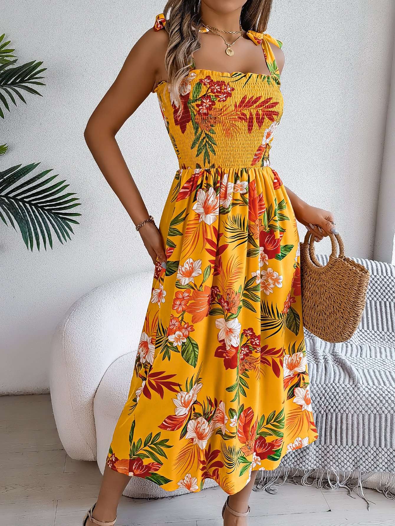 Tropical Print Smocked Maxi Dress image 0