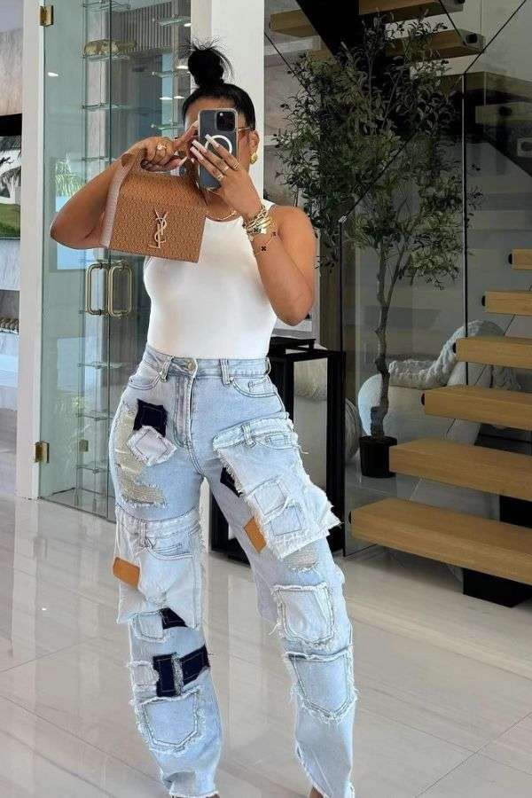 Distressed Patchwork Wide-Leg Ripped Jeans - S, Blue image