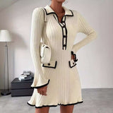 Elegant Ribbed V Neck Button Down Dress - S, Light Beige image