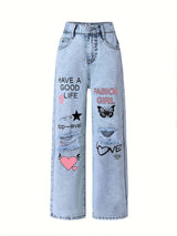 Graffiti Print Ripped Denim Pants - L, Light Blue image