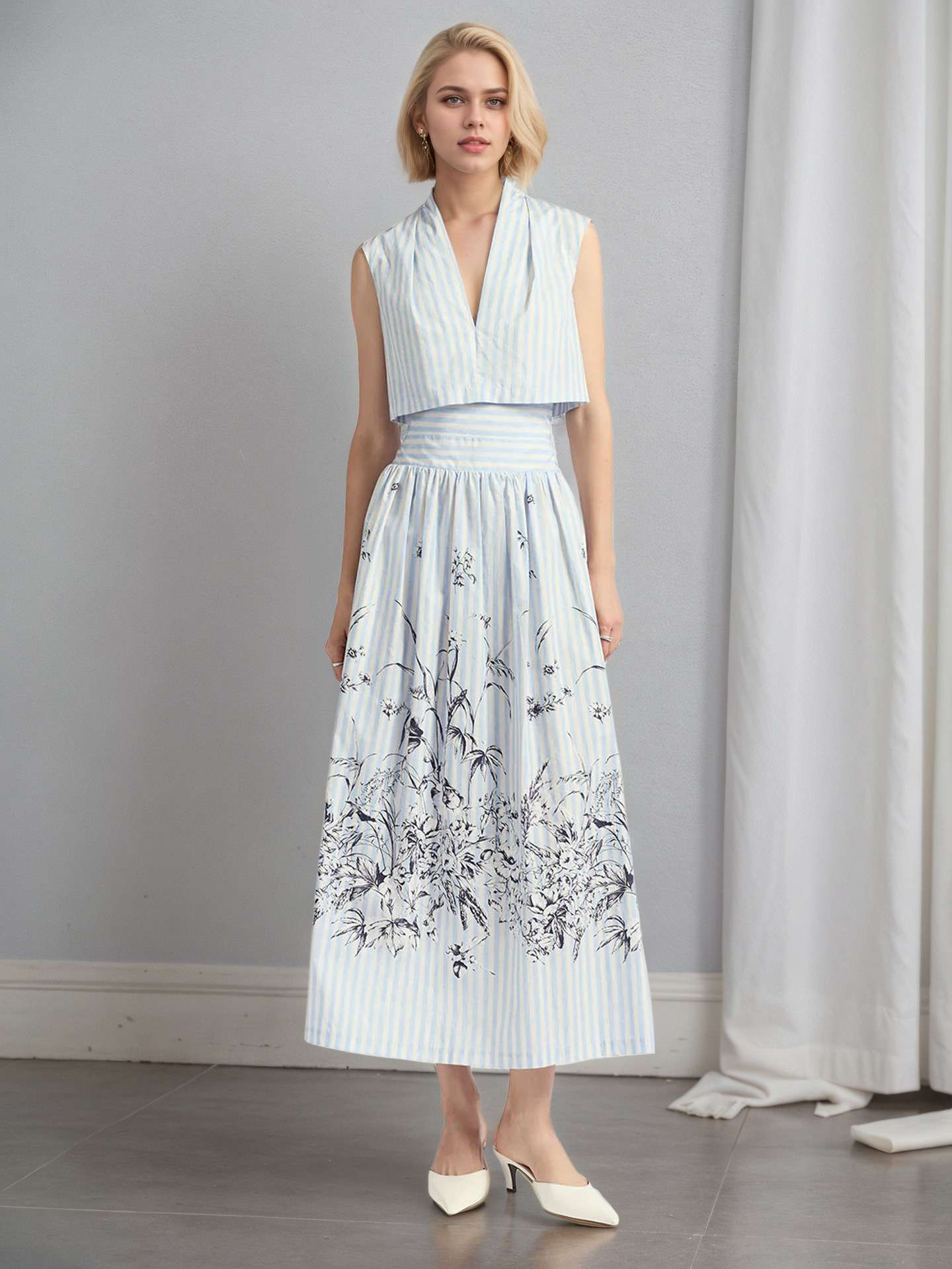 Striped Floral Maxi Skirt with Sleeveless Top image 1