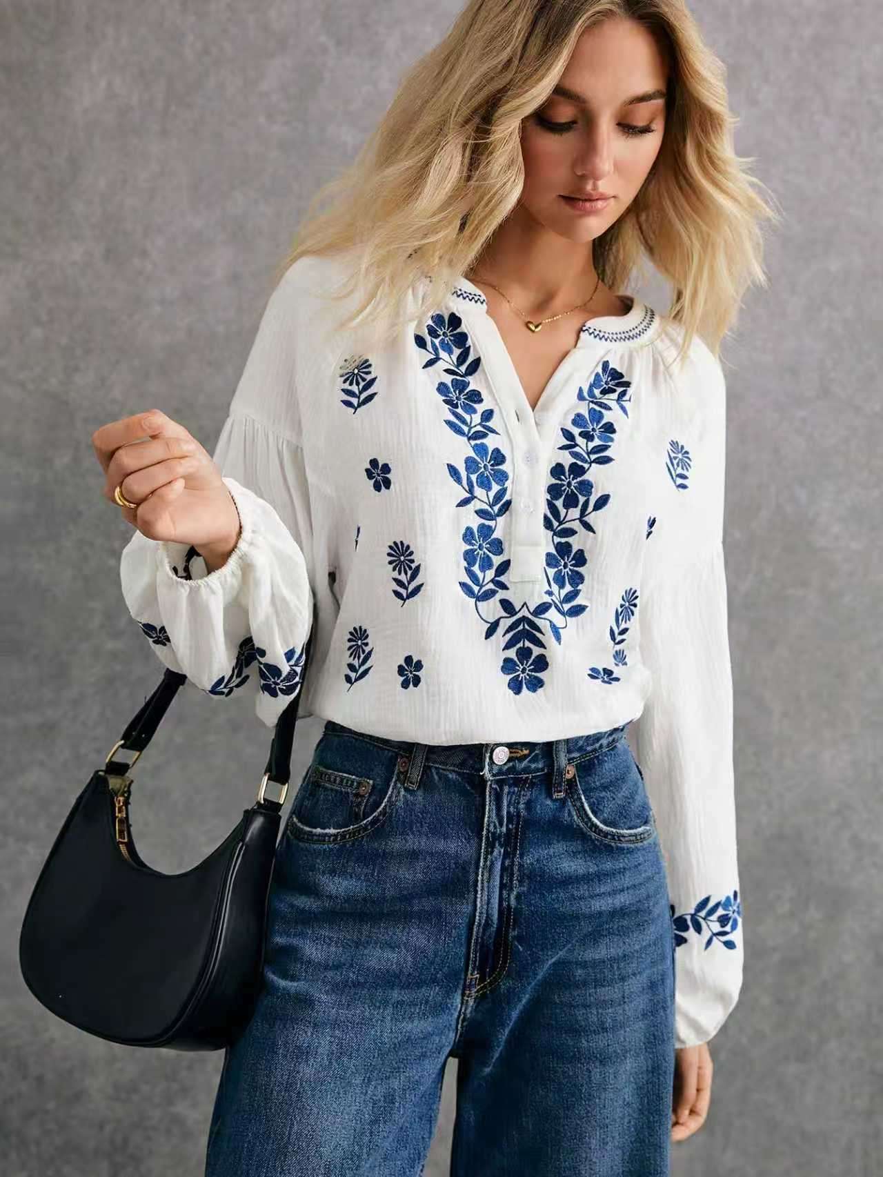 White Embroidered Boho Blouse - L, White image