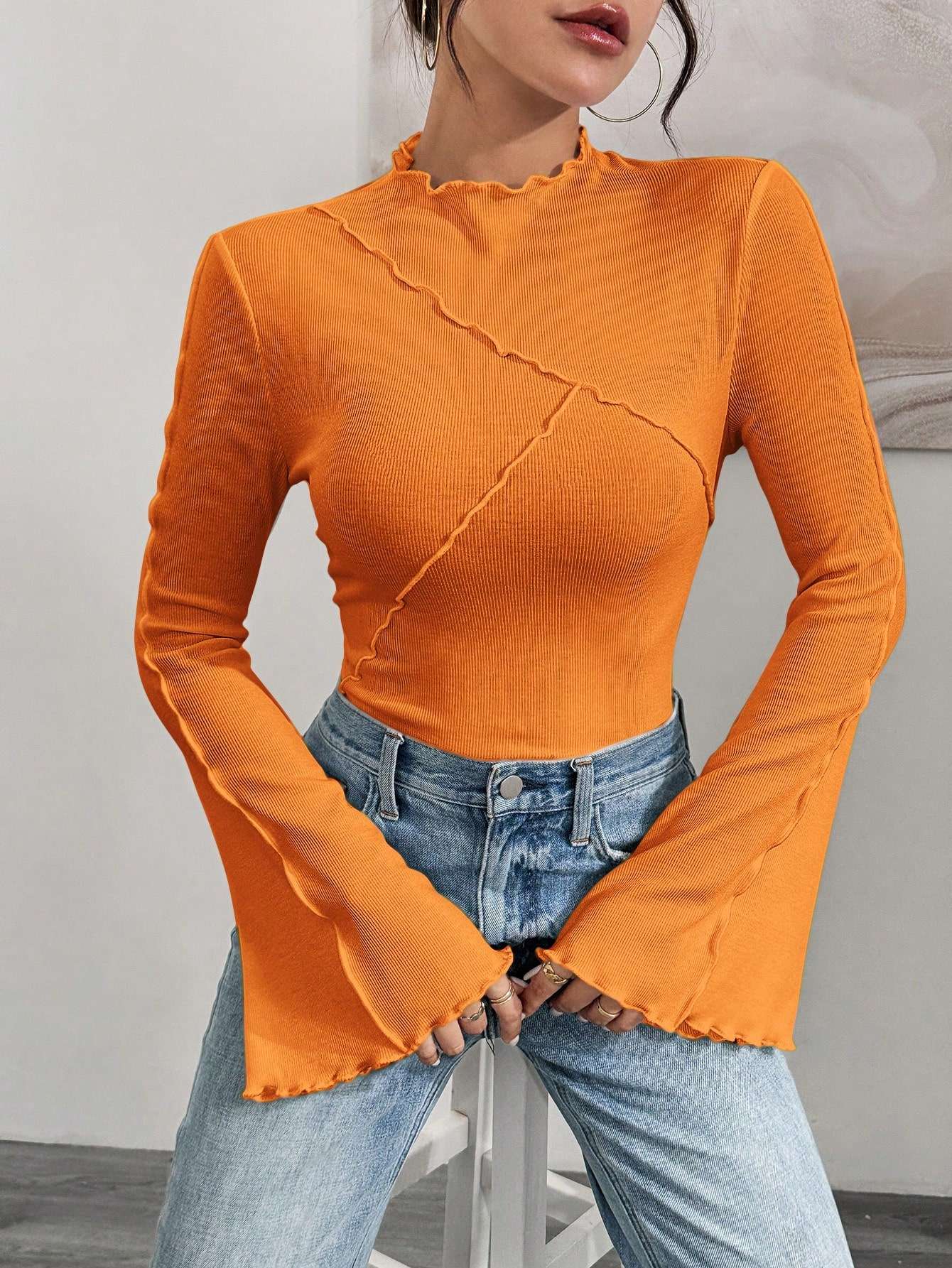 Vibrant Ruffled Long Sleeve Top - S, Orange image