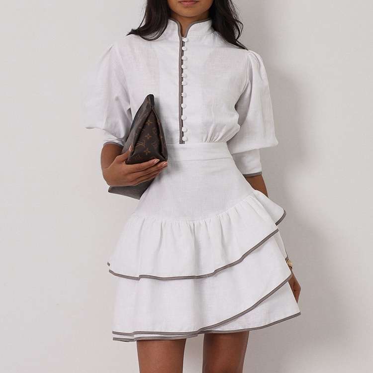 Tiered Dress with Button Detailing and Puffed Sleeves image 2