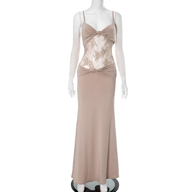 Elegant  Evening Gown with Spaghetti Straps - M, Beige image