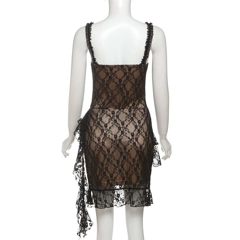 Lace ruffle ruched hollow out cut out mini dress image 3